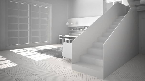 Temiz merdiven, kanepe ve halı ile oturma odası, iç tasarım mimari konsept fikri ile çağdaş açık alanda minimalist modern mutfak toplam beyaz proje - Fotoğraf, Görsel