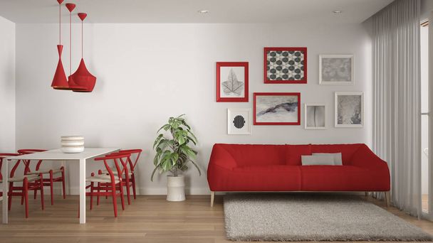 Meleg és kényelmes színes fehér és piros nappali ebédlőasztallal, kanapéval és szőrme szőnyeg, cserepes növény-és parketta, a kortárs építészet belső kialakítás - Fotó, kép