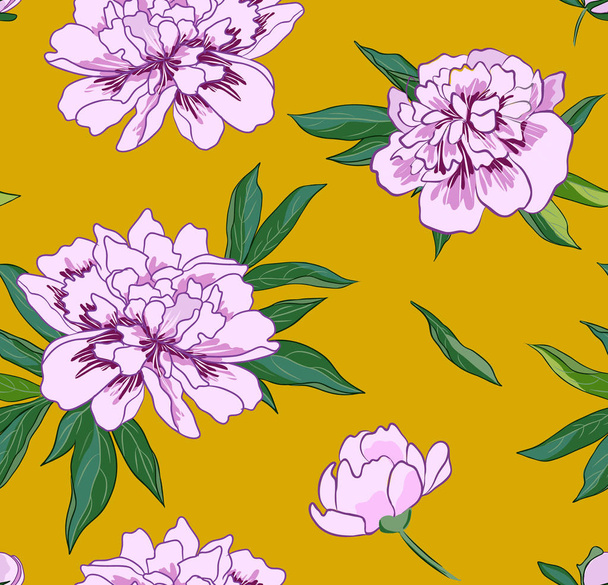 Vector seamless pattern with pink peony flowers on yellow background. - Vecteur, image