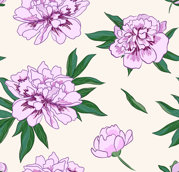 Vector seamless pattern with pink peony flowers on beige background. - Vector, Image