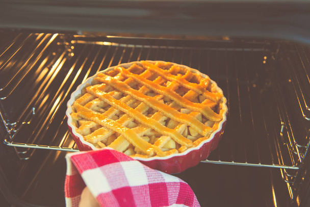 Torta di mela d'oro al forno fresca in piatto rosso in forno a cucina
  - Foto, immagini