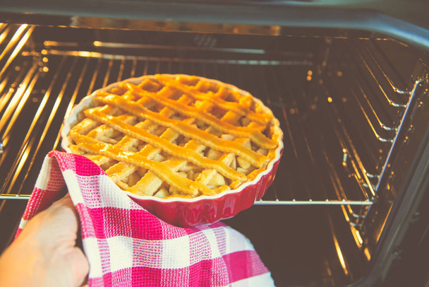 Vers gebakken gouden appeltaart in rode schotel in de oven in de keuken  - Foto, afbeelding