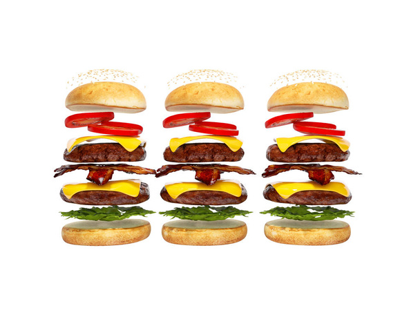 Állítsa be a három hamburgert szétszerelt 3D render fehér háttérb - Fotó, kép