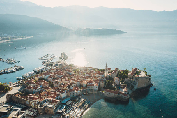 aerial view of the Old Town Budva at sunrise - 写真・画像