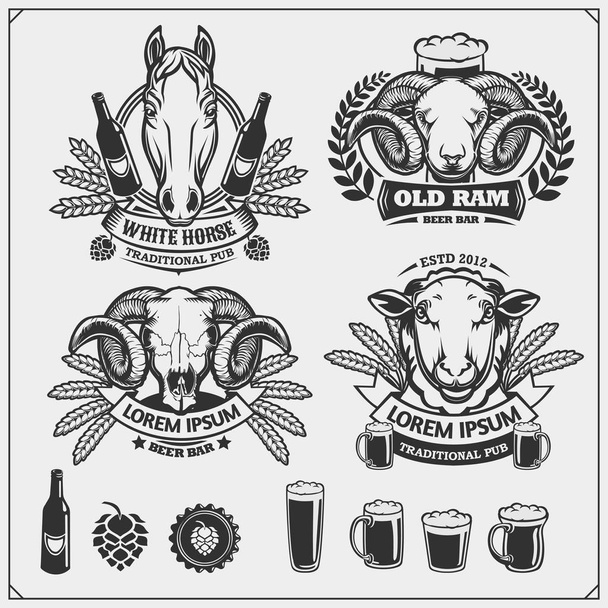 Beer set emblems with ram, horse and sheep. Labels, emblems, stickers and design elements for pub, beer festival and beer restaurant design. - Vector, afbeelding