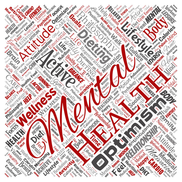 Conceptual mental health or positive thinking square red word cloud isolated background. Collage of optimism, psychology, mind healthcare, thinking, attitude balance or motivation text - Photo, Image