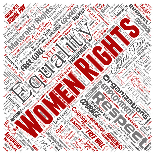 Conceptuele vrouwenrechten, gelijkheid, gratis-zal vierkante rode woord wolk geïsoleerde achtergrond. Collage van feminisme, empowerment, integriteit, kansen, bewustzijn, moed, onderwijs, respect concept - Foto, afbeelding