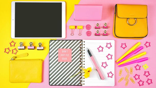 Back to school pink and yellow teens theme concept flat lay. - Photo, Image