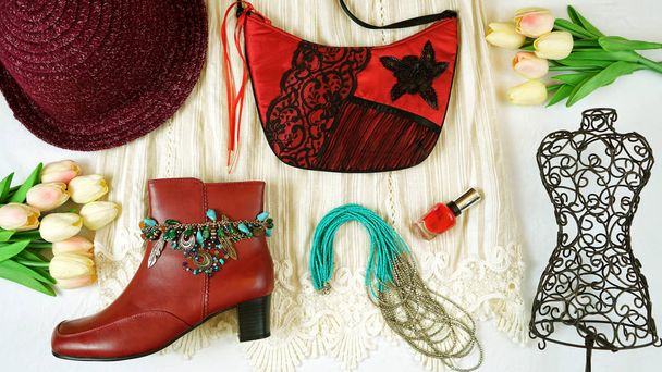 Boho Chic fashion layout flat lay with dress and accessories. - Photo, Image