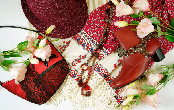 Boho Chic fashion layout flat lay with dress and accessories. - Photo, Image