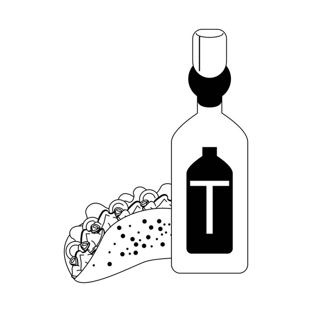 Mexikó kultúra és élelmiszerek karikatúrák fekete-fehér - Vektor, kép