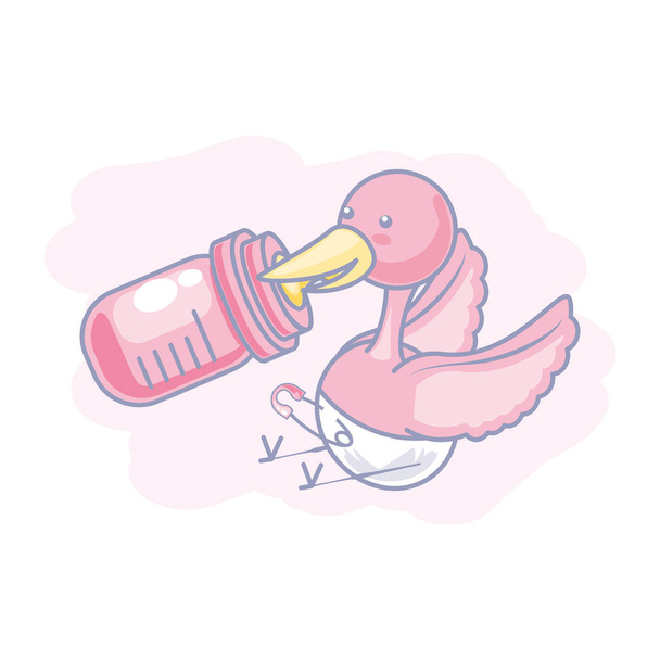 stork animal with diaper and bottle milk baby - Vector, Image