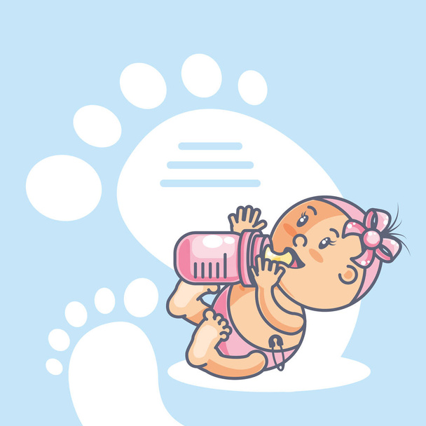 χαριτωμένο κορίτσι μωρό με μπουκάλι γάλα και πατημασιές διακόσμηση - Διάνυσμα, εικόνα