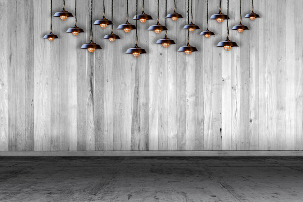 Prázdná dřevěná stěna s lampou a laminátem. Uživatel pro pozadí - Fotografie, Obrázek