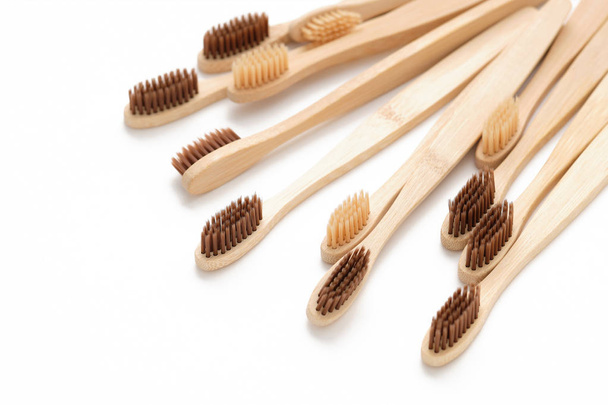 Wooden Toothbrush Isolated on White Background Copy Space - Foto, Bild