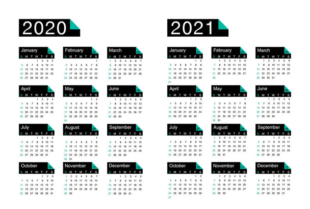 календар 2020, 2021 рік, тиждень починається в неділю, основний бізнес-шаблон. Векторна ілюстрація в чорному з бірюзовими кольорами
 - Вектор, зображення