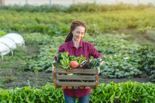 Egy fiatal földműves nő tart egy doboz friss zöldséget a kertben. Otthoni gazdaságban termesztett ökológiai nyersanyagok - Fotó, kép