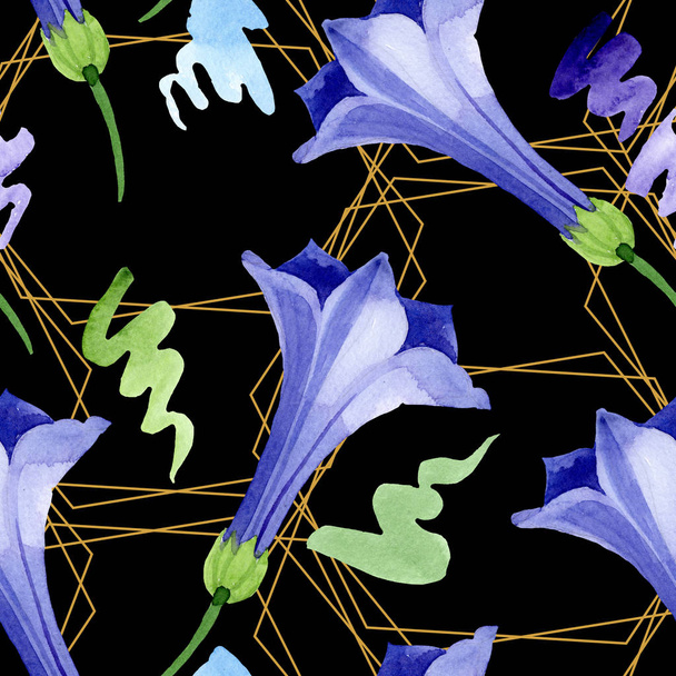 Blauwe Brugmansia bloemen botanische bloemen. Aquarel achtergrond illustratie instellen. Naadloos achtergrond patroon. - Foto, afbeelding