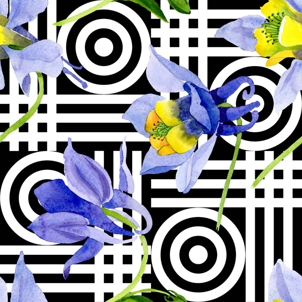Niebieski żółty Brugmansia kwiatowy kwiatów botanicznych. Akwarela zestaw ilustracji tła. Płynny wzór tła. - Zdjęcie, obraz