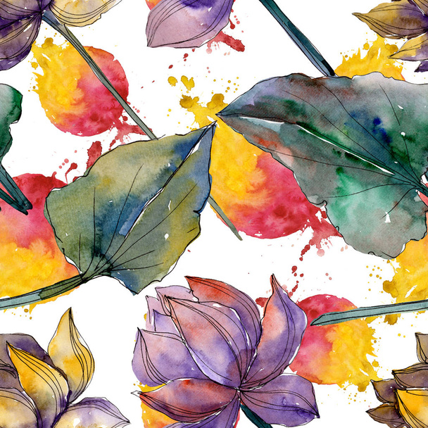Lotusblüten, botanische Blumen. Aquarell Hintergrundillustration Set. nahtloses Hintergrundmuster. - Foto, Bild