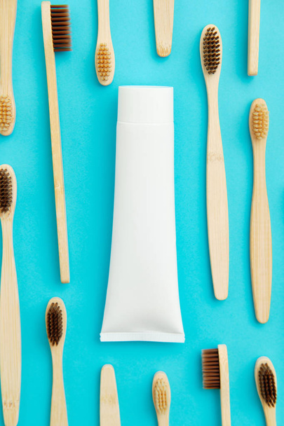 Wooden Toothbrush Isolated on Blue Background Copy Space - Φωτογραφία, εικόνα