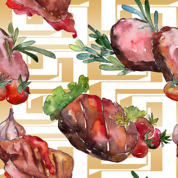 Grillezett steak ízletes ételeket. Akvarell háttér illusztráció meg. Folytonos háttérmintázat. - Fotó, kép