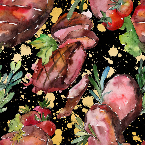 Grilled steak tasty food. Watercolor background illustration set. Seamless background pattern. - Foto, afbeelding