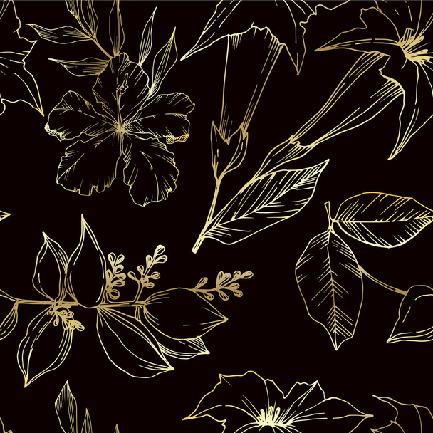 Vector Tropical flowers and leaves isolated. Black and white engraved ink art. Seamless background pattern. - Vettoriali, immagini