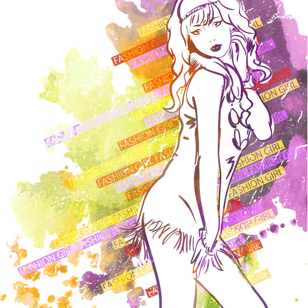 Hand drawn watercolor background with illustration of a pretty g - Vector, Image