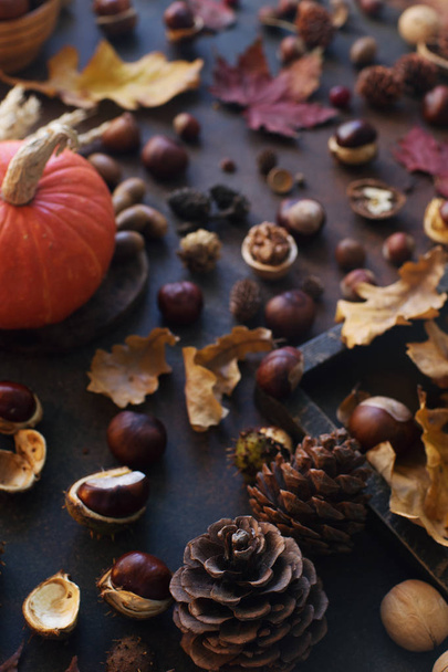 Autumn background with decorative pumpkin, acorns, apples, nuts and autumn leaves on dark stone table - Foto, afbeelding