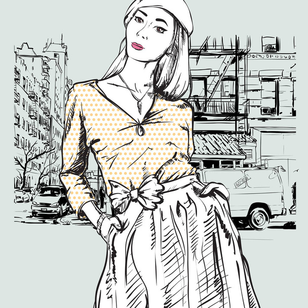 Cute young fashion girl on a street background.Vector illustrati - ベクター画像
