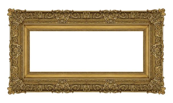 Panoramiczna złota ramka na obrazy, lustra lub zdjęcie odizolowane na białym tle. Element konstrukcyjny ze ścieżką wycinania - Zdjęcie, obraz