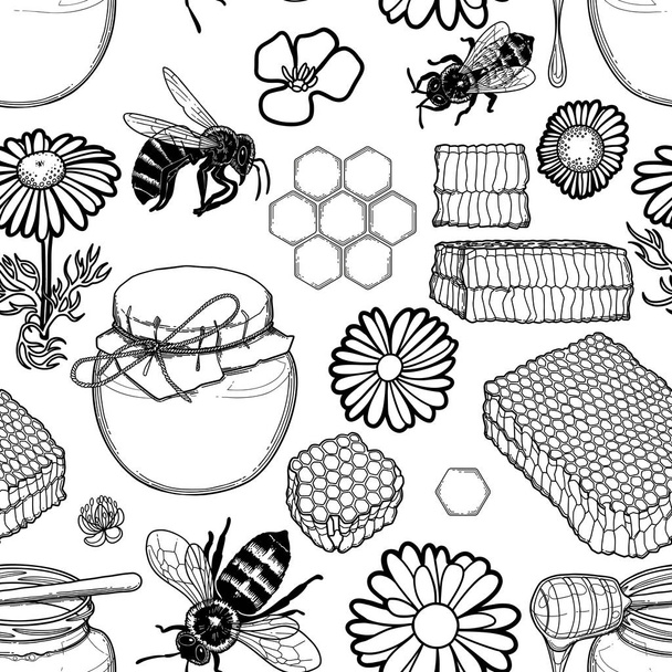 Graphic pattern of honey bottles, honeycombs, bees and flowers. - Vector, Image