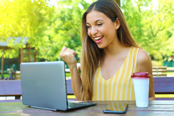 Emocionada mujer de negocios alegre logra sus objetivos trabajando en el parque con el ordenador portátil. Estilo de vida moderno trabajo al aire libre
. - Foto, Imagen