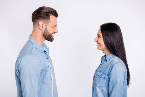 Profile side view portrait of his he her she nice attractive lovely lovable charming cute cheerful cheery persons first date meet connection communicate isolated over light white pastel background - Fotoğraf, Görsel