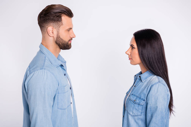 Profile side view portrait of his he her she nice-looking attractive lovely charming cute content persons looking at each other first date meeting isolated over light white pastel background - Fotoğraf, Görsel