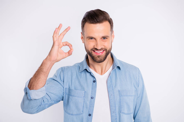 Close-up portrait of his he nice-looking attractive cheerful cheery glad content guy showing ok-sign trust solution isolated over light white pastel background - Fotó, kép