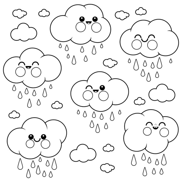 Cute raining cloud characters. Vector black and white coloring page. - Vektor, obrázek