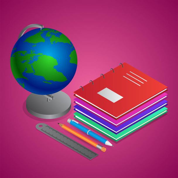 3D illustration of world globe stand with notebooks, ruler scale - Vetor, Imagem