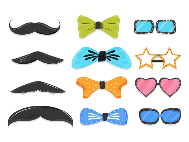 Conjunto de elementos de accesorios de fiesta como bigote, pajarita, gafas en
 - Vector, imagen