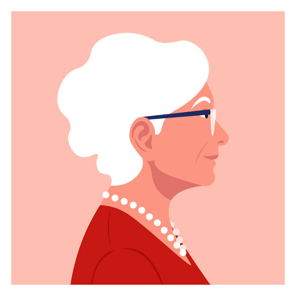 Yaşlı bir kadın profili. Emekli yüz tarafı. Avatar. Vektör düz çizim - Vektör, Görsel