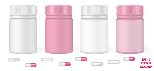 Набор векторных реалистичных изображений матовой пластиковой упаковки для таблеток (витаминов или косметики) в белом и розовом цветах с этикеткой и без этикетки и таблеток (таблеток, витаминов) белого и розового цвета. EPS 10
 - Вектор,изображение