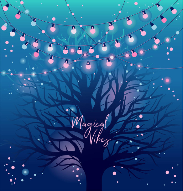 Banner with mysterious tree and lights in the night, poster for magical vibes, can be used as birthday party card, vector illustration - Vektor, Bild