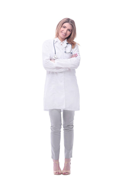woman doctor with stethoscope. isolated on white - 写真・画像