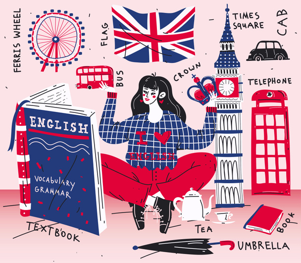 Estudiando inglés. Estudiante sentado en el piso y aprendiendo lengua extranjera, leyendo libro
 - Foto, Imagen