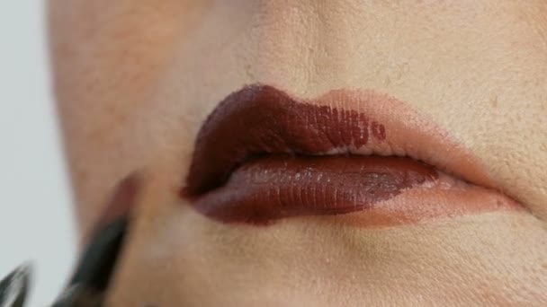 Maestro truccatore professionista applica rossetto rosso scuro sul modello labbra sottili con pennello speciale e make-up occhi fumosi nel salone di bellezza
 - Filmati, video
