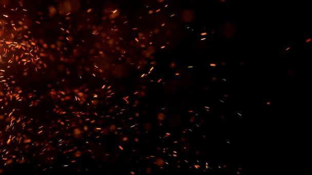 Queimando faíscas quentes vermelhas voar de grande fogo no céu noturno. Belo fundo abstrato sobre o tema do fogo, luz e vida. Queimando brasas brilhando voando longe partículas sobre fundo preto. - Foto, Imagem