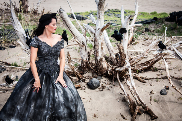 Woman in black wedding gown with crows - Photo, Image
