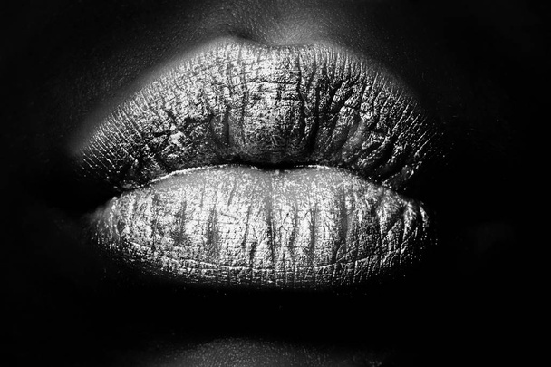 Lips. Beautiful female. Black mouth. Lips shape for background. Black skin. African american face. Sexy woman close up. Kiss and love sign. - Photo, Image