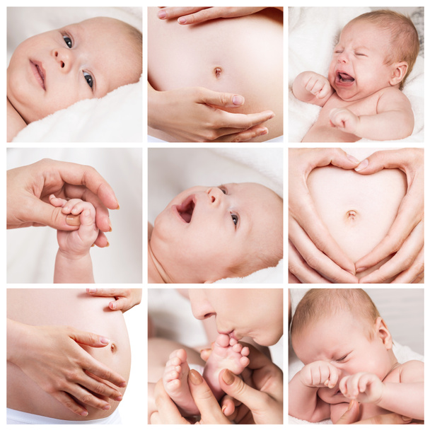 Collage de nueve imágenes con madre embarazada y lindo bebé
. - Foto, imagen